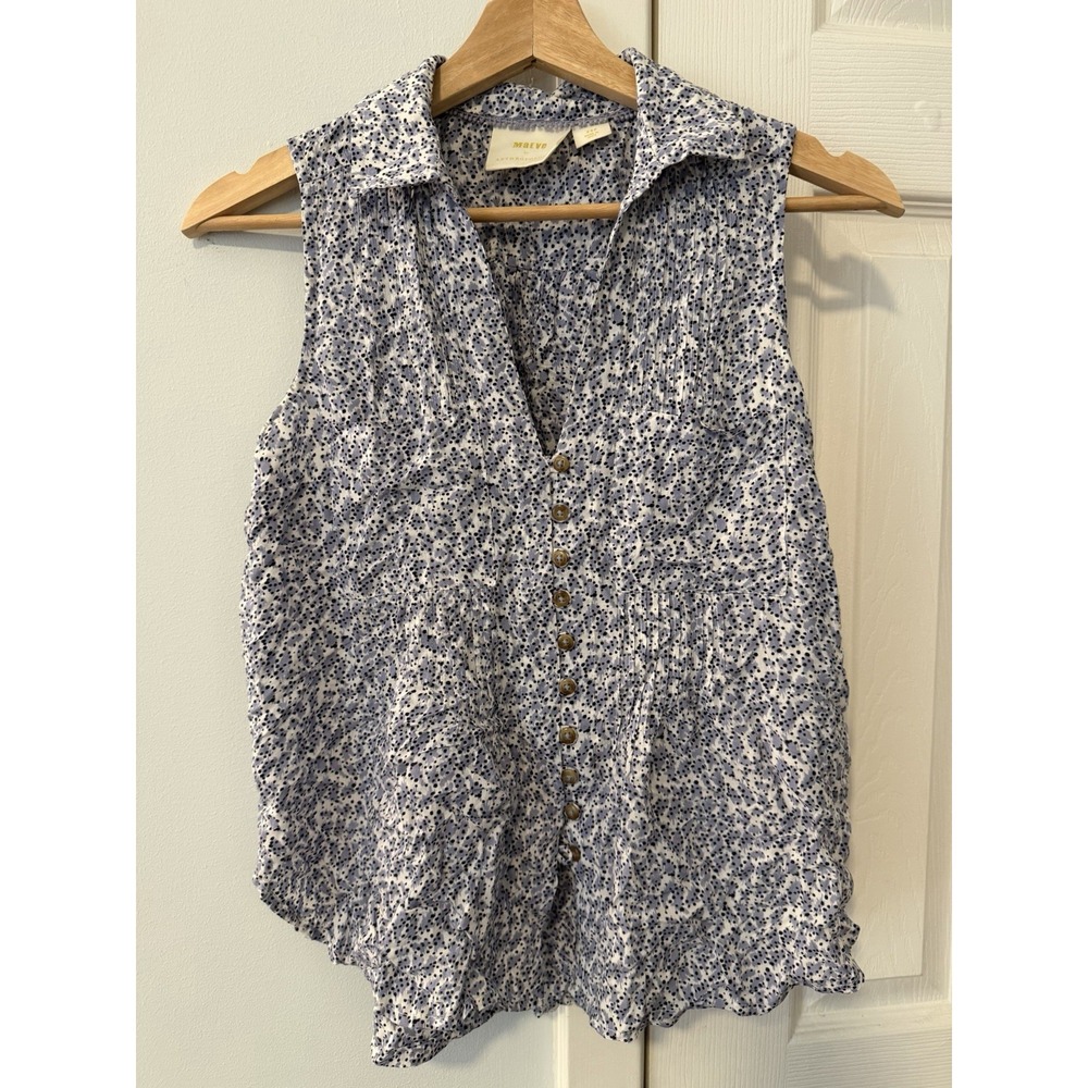 Maeve Anthropologie Sz XSP Floral Sleeveless V-Neck Pintuck Button Front Blouse